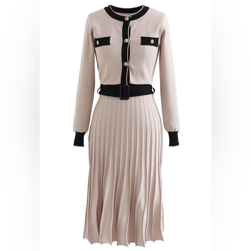 CHICWISH - RETRO PALE PINK BELTED CONTRAST COLOR PLEATED KNIT DRESS